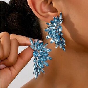 Crystal Cluster Drop Earrings - Blue